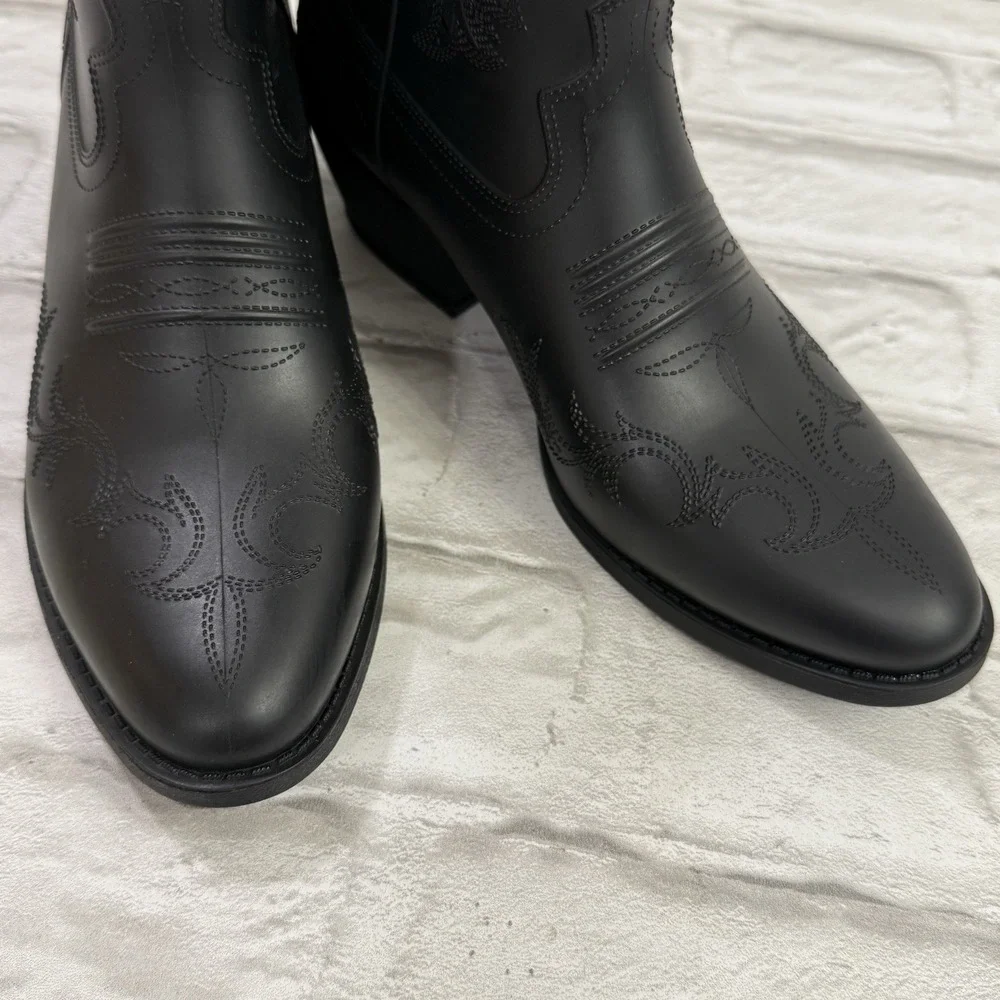 Womans Cowboy Rubber Rain Boots Sz 7‎ Black Pull On Water Resistant Southwestern
